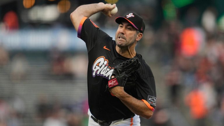 San Francisco Giants pitcher Justin Verlander throws against the Chicago Cubs during the first inning of a baseball game in San Francisco, Tuesday, Aug. 26, 2025. (Jeff Chiu/AP)