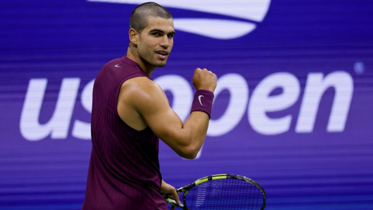 Carlos Alcaraz, of Spain reacts after scoring a point against Mattia Bellucci, of Italy, during the second round of the U.S. Open championships, Wednesday, Aug. 27, 2025, in New York. (Adam Hunger/AP)