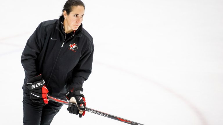 Assistant coach Caroline Ouellette skates at Hockey Canada's National Women’s Program selection camp in Calgary, Alta., Thursday, Aug. 4, 2022.THE CANADIAN PRESS/Jeff McIntosh