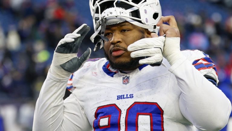 FILE - Buffalo Bills defensive tackle DeWayne Carter reacts after being defeated 23-16 by the New England Patriots in an NFL game, Sunday, Jan. 5, 2025, in Foxborough, Mass. (AP/Greg M. Cooper,File)