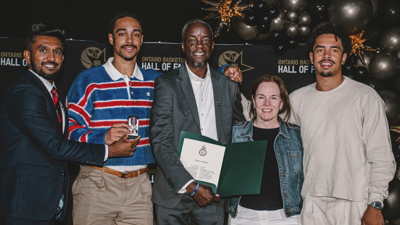 (From left to right) Minister Vijay Thanigasalam with Andrew, Claude, Mary and Ryan Nembhard on Tuesday August 6, 2025. (Ontario Basketball Association/Talia Timoll)