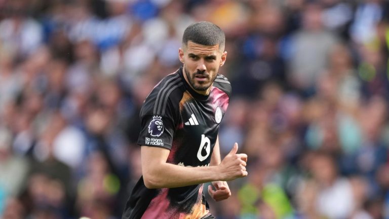 Leicester's Conor Coady runs into position during the English Premier League soccer match between Brighton and Hove Albion and Leicester City, at the American Express Stadium in Brighton, England, Saturday, April 12, 2025. (Dave Shopland/AP)