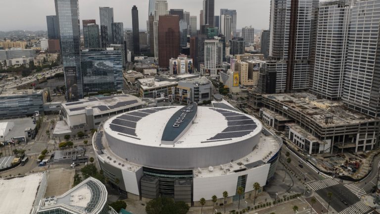 This aerial view shows Crypto.com Arena in downtown Los Angeles, Tuesday, Sept. 5, 2023. (Jae C. Hong/AP)