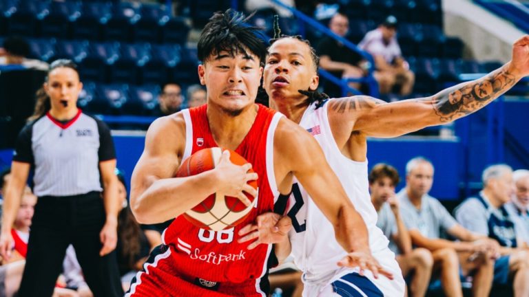 Japan's Ryosei Sato and Georgetown's Malik Mack at GLOBL Jam on Wednesday, August 15 in Toronto. (Canada Basketball)
