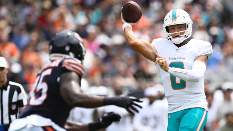 Miami Dolphins quarterback Zach Wilson passes during the first half of an NFL preseason football game against the Chicago Bears, Sunday, Aug. 10, 2025, in Chicago. (Paul Beaty/AP)