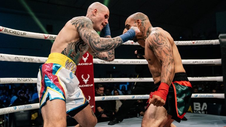 Canadian middleweight Drew (Wild Boy) Stuve, left, is shown in his win over American Will (The Brown Bomber) Santiago on Saturday, Aug. 9, 2025, in the main event of BKFC Fight Night Edmonton, the Bare Knuckle Fighting Championship's third-ever show in Canada.
THE CANADIAN PRESS/Handout - Bare Knuckle Fighting Championship