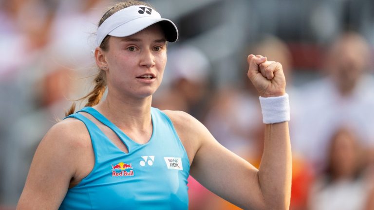 Elena Rybakina of Kazakhstan reacts following her win against Dayana Yastremska of Ukraine during round of 16 tennis action at the National Bank Open in Montreal, Saturday, Aug. 2, 2025. (Christinne Muschi/CP)