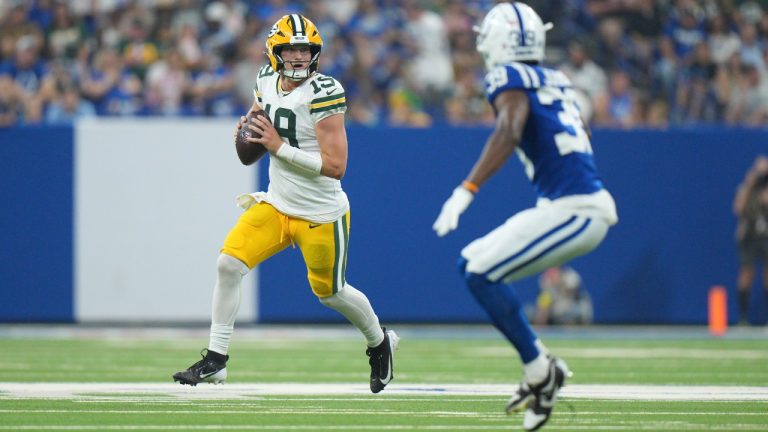 Green Bay Packers quarterback Taylor Elgersma (19) looks to throw against Indianapolis Colts cornerback Alex Johnson (39) during the second half of a preseason NFL football game, Saturday, Aug. 16, 2025, in Indianapolis. (AJ Mast/AP)