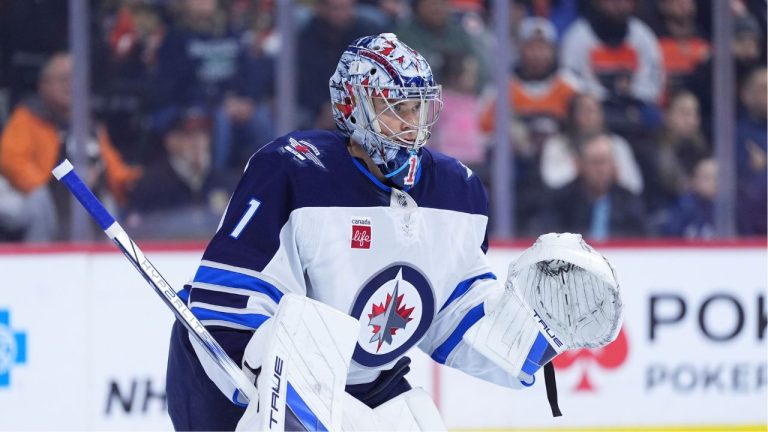 Winnipeg Jets' Eric Comrie plays during an NHL hockey game Thursday, March 6, 2025, in Philadelphia. (Matt Slocum/AP)