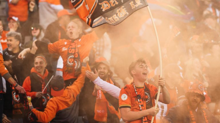 Hamilton Forge FC supporters celebrate a goal against CF Montreal during second half Canadian Championship quarterfinal soccer action in Hamilton on Tuesday, May 20, 2025. (Nick Iwanyshyn/CP)