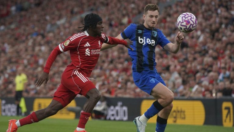Liverpool's Jeremie Frimpong, left, and Bournemouth's David Brooks vie for the ball during the English Premier League soccer match between Liverpool and Bournemouth at Anfield stadium in Liverpool, England, Friday, Aug. 15, 2025. (Ian Hodgson/AP)