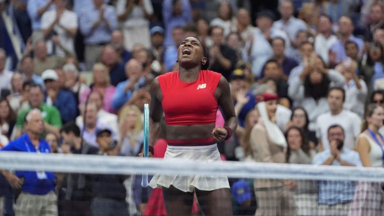 Coco Gauff, of the United States, celebrates after winning a match against Ajla Tomljanovic, of Australia, during the first round of the U.S. Open tennis championships, Tuesday, Aug. 26, 2025, in New York. (Frank Franklin II/AP)