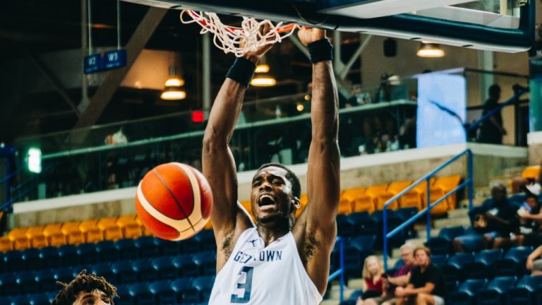 Georgetown centre Vince Iwuchukwu throws down a dunk against Brazil at GLOBL JAM on Saturday, Aug. 16. (Photo credit: Canada Basketball)