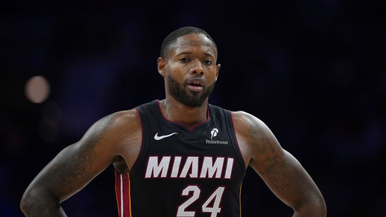 Miami Heat's Haywood Highsmith plays during an NBA basketball game Saturday, March 29, 2025, in Philadelphia. (Matt Slocum/AP)