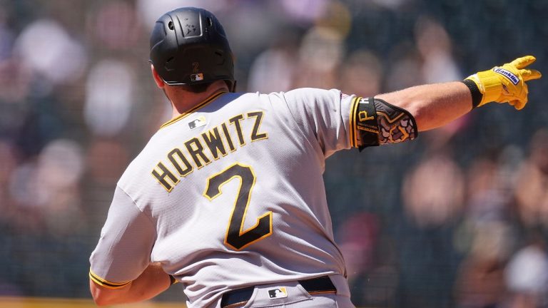 Pittsburgh Pirates' Spencer Horwitz gestures to the bullpen as he circles the bases after hitting a three-run home urn off Colorado Rockies relief pitcher Ryan Rolison in the sixth inning of a baseball game, Sunday, Aug. 3, 2025, in Denver. (David Zalubowski/AP)