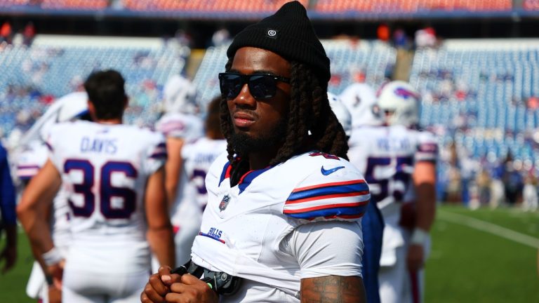 Buffalo Bills' James Cook during the second half of an NFL pre-season football game against the New York Giants Saturday, Aug. 9, 2025, in Orchard Park, N.Y. (Jeffrey T. Barnes/AP)