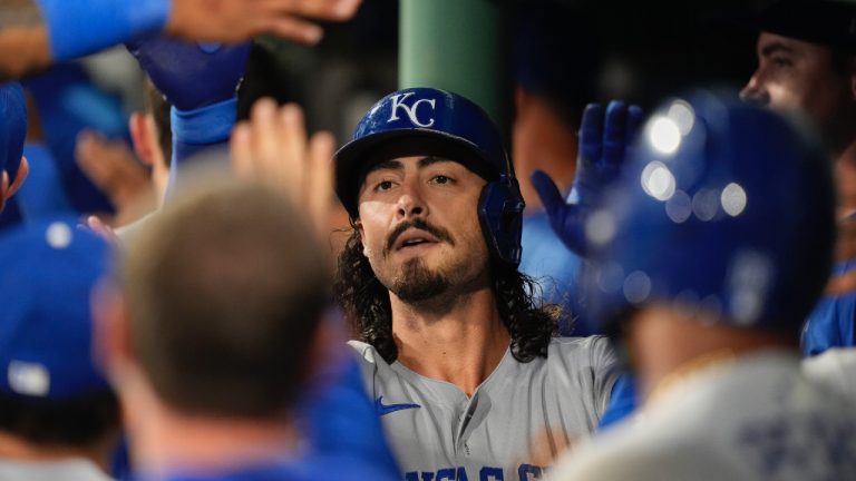 Kansas City Royals' Jonathan India celebrates his three-run homer in the seventh inning of a baseball game against the Boston Red Sox, Wednesday, Aug. 6, 2025, in Boston. (Robert F. Bukaty/AP)