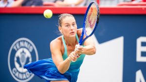 Marta Kostyuk, of Ukraine, hits a return against Daria Kasatkina, of Australia, during third round tennis action at the National Bank Open tennis tournament in Montreal on Thursday, July 31, 2025.(Christopher Katsarov/CP)