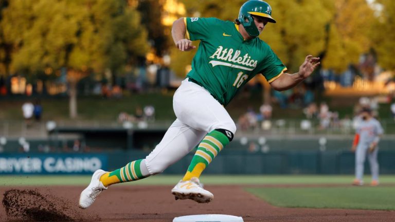Athletics' Nick Kurtz rounds third base before scoring during the first inning of a baseball game against the Detroit Tigers Wednesday, Aug. 27, 2025, in West Sacramento, Calif. (Sergio Estrada/AP)