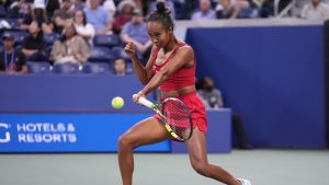 Leylah Fernandez, of Canada, returns a shot to Aryna Sabalenka, of Belarus, during the third round of the U.S . Open tennis championships, Friday, Aug. 29, 2025, in New York. (Frank Franklin II/AP)