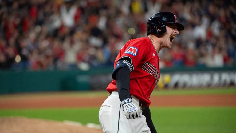 Cleveland Guardians' Kyle Manzardo reacts after hitting a two-run home run off Seattle Mariners starting pitcher Logan Gilbert during the sixth inning of a baseball game, Saturday, Aug. 30, 2025, in Cleveland. (Phil Long/AP)