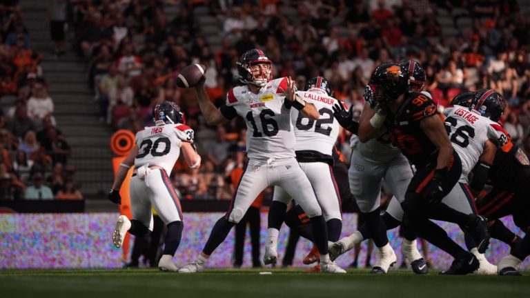 Montreal Alouettes quarterback James Morgan passes during the second half of a CFL game against the B.C. Lions, in Vancouver, on Saturday, August 16, 2025. (THE CANADIAN PRESS/Darryl Dyck)