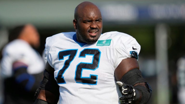 Carolina Panthers offensive tackle Taylor Moton (72) works out during a joint NFL football practice with the Houston Texans Thursday, Aug. 14, 2025, in Houston. (Ashley Landis/AP)