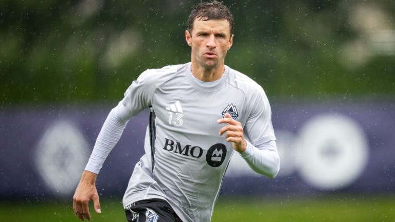 Vancouver Whitecaps' Thomas Muller practices in Vancouver, B.C., Friday, Aug. 15, 2025. (Ethan Cairns/AP)