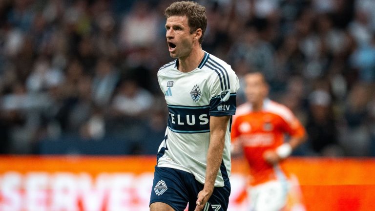 Vancouver Whitecaps' Thomas Muller yells to his team during the second half of an MLS match against the Houston Dynamo in Vancouver, B.C., Sunday, Aug. 17, 2025. (Ethan Cairns/CP)