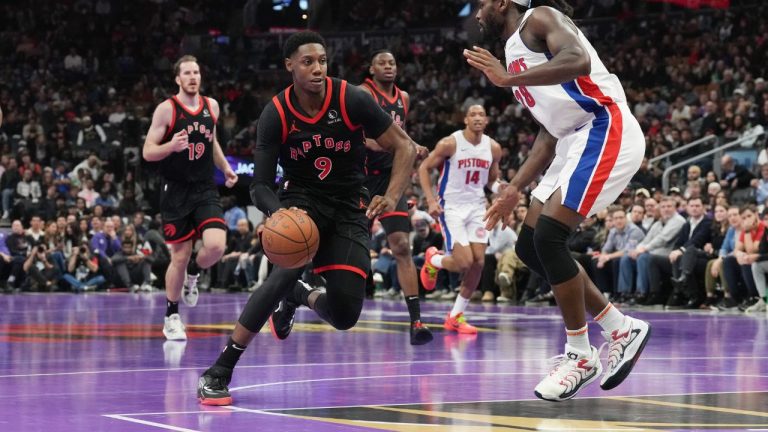 Toronto Raptors' RJ Barrett tries to get past Detroit Pistons' Isaiah Stewart during first half NBA Cup basketball action in Toronto on Friday, November 15, 2024. (Chris Young/CP)