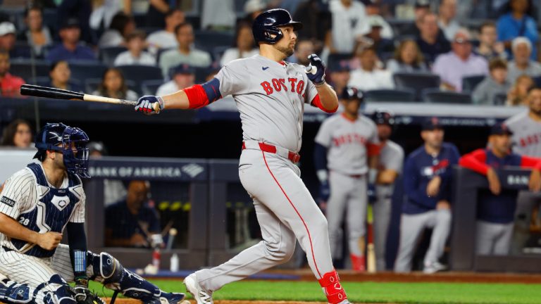 Boston Red Sox's Nathaniel Lowe follows through on an RBI single scoring Alex Bregman during the sixth inning of a baseball game against the New York Yankees, Sunday, Aug. 24, 2025, in New York. (Noah K. Murray/AP)
