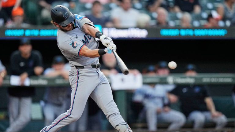 Miami Marlins' Connor Norby hits a single during the third inning of a baseball game against the Baltimore Orioles, Friday, July 11, 2025, in Baltimore. (Stephanie Scarbrough/AP)