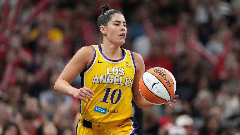 Los Angeles Sparks' Kelsey Plum dribbles during the second half of a WNBA basketball game against the Indiana Fever, Saturday, July 5, 2025, in Indianapolis. (Michael Conroy/AP)