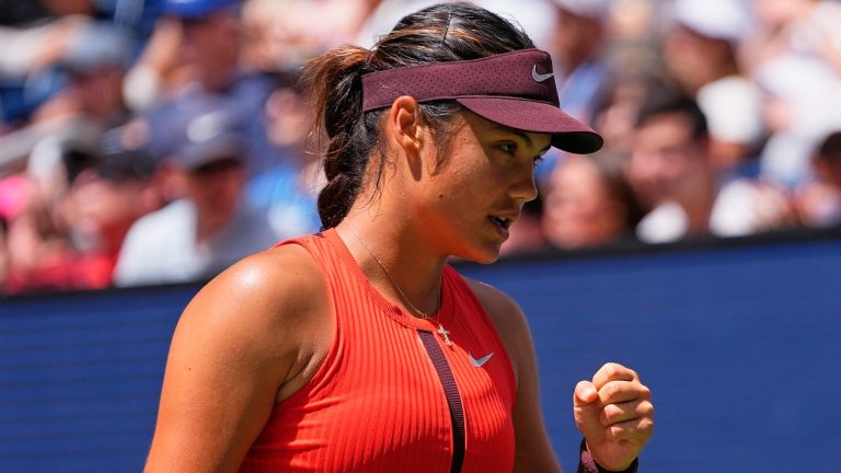 Emma Raducanu, of Great Britain, reacts after scoring a point against Ena Shibahara, of Japan, during the first round of the US Open tennis championships, Sunday, Aug. 24, 2025, in New York. (Yuki Iwamura/AP)