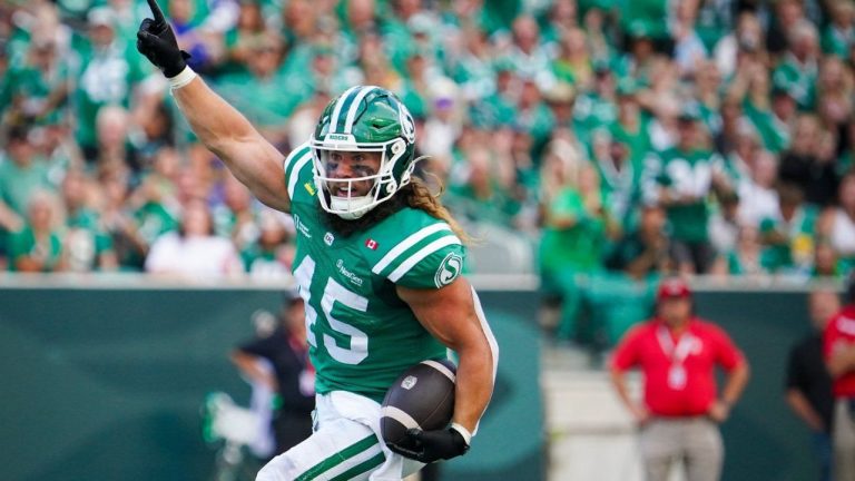 Saskatchewan Roughriders running back A.J. Ouellette (45) celebrates after scoring a touchdown against the Winnipeg Blue Bombers during the first half of CFL football action in Regina, Sunday, Aug. 31, 2025. (Heywood Yu/CP)