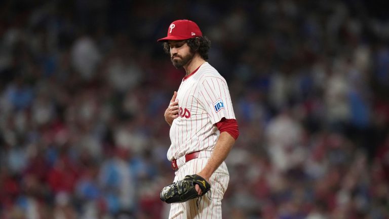 Philadelphia Phillies' Jordan Romano reacts during a baseball game Monday, Aug. 18, 2025, in Philadelphia. (Matt Slocum/AP)