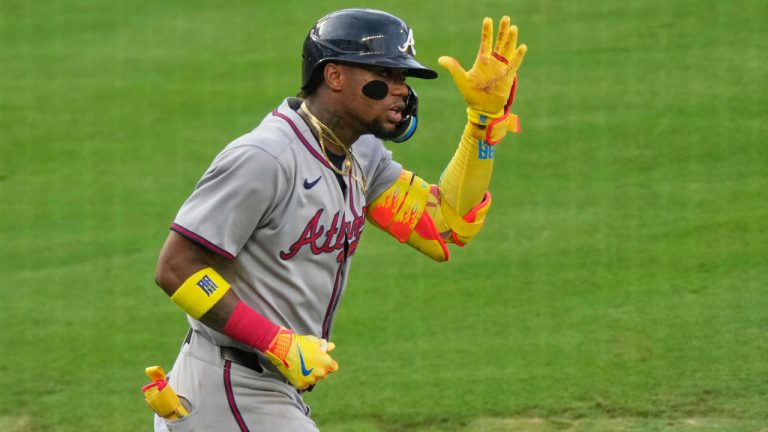 Atlanta Braves' Ronald Acuna Jr. celebrates after hitting a two-run home run during the third inning of a baseball game against the Kansas City Royals, Monday, July 28, 2025, in Kansas City, Mo. (Charlie Riedel/AP)
