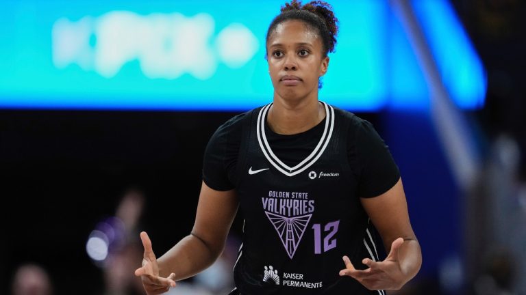 Golden State Valkyries centre Iliana Rupert reacts after making a three-point basket during the second half of a WNBA game against the Indiana Fever, Sunday, Aug. 31, 2025, in San Francisco. (AP/Godofredo A. Vásquez)