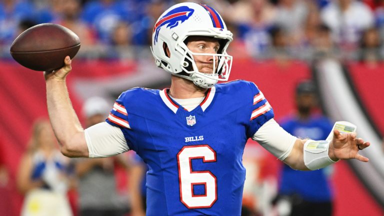Buffalo Bills quarterback Shane Buechele passes against the Tampa Bay Buccaneers during the first half of an NFL preseason football game, Saturday, Aug. 23, 2025, in Tampa, Fla. (Jason Behnken/AP)