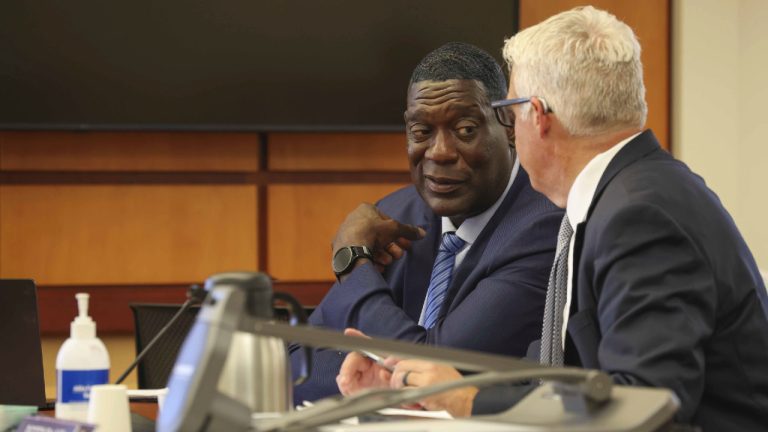 Former Seattle Sonics basketball player Shawn Kemp, left, and defence attorney Timothy Lear, speak following Kemp's sentencing at Pierce County Superior Court in Tacoma, Wash., Friday, Aug. 22, 2025. (Ivy Ceballo/The Seattle Times via AP)