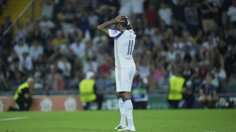 Tottenham's Mathys Tel reacts during the penalty shootout the UEFA Super Cup soccer match between Paris Saint-Germain and Tottenham Hotspur in Udine, Italy, Wednesday, Aug. 13, 2025. (Darko Bandic/AP)
