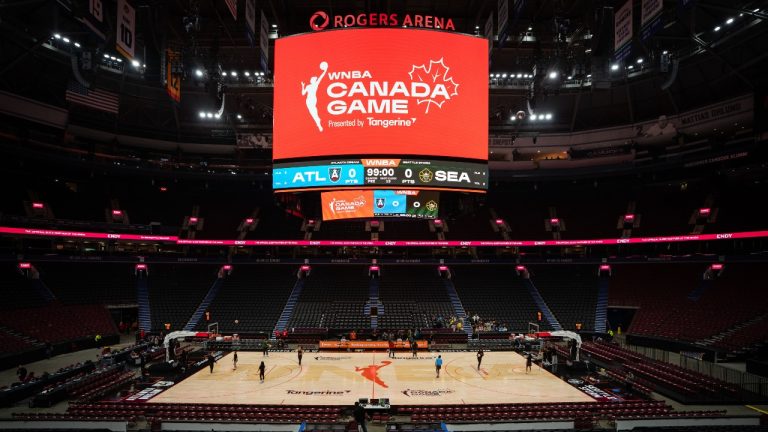 The Seattle Storm and Atlanta Dream warm up before a WNBA basketball game in Vancouver, B.C., on Friday, August 15, 2025. THE CANADIAN PRESS/Ethan Cairns