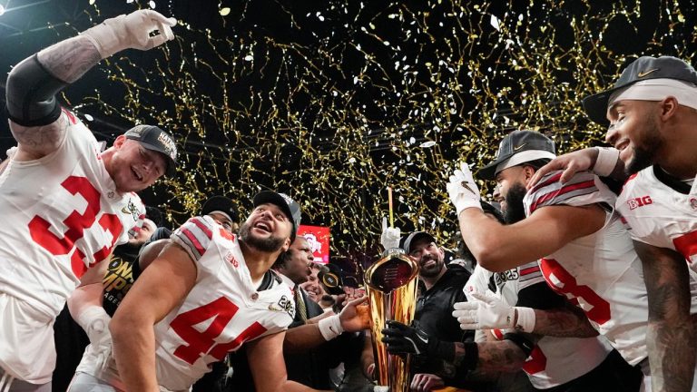 Ohio State celebrates after their win against Notre Dame in the College Football Playoff national championship game Jan. 20, 2025, in Atlanta. (AP Photo/Brynn Anderson, File)