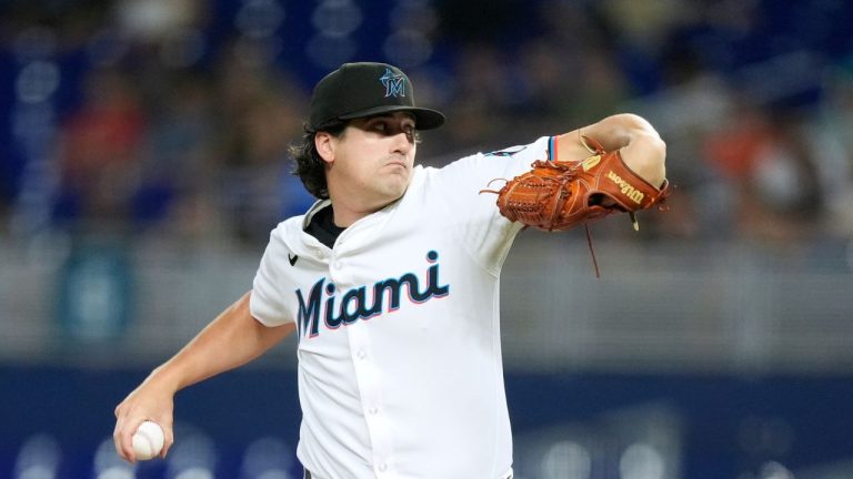 Miami Marlins starting pitcher Cal Quantrill (47) pitches during the first inning of a baseball game against the Houston Astros, Aug. 5, 2025, in Miami. (AP Photo/Rebecca Blackwell)