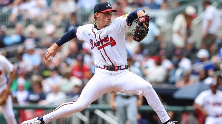 Atlanta Braves pitcher Hurston Waldrep delivers in the third inning of a baseball game against the Miami Marlins, Saturday, Aug. 9, 2025, in Atlanta. (AP/Colin Hubbard)