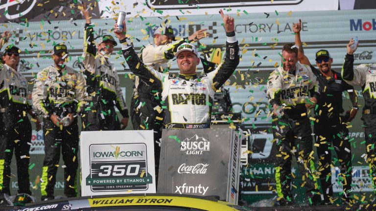 William Byron celebrates after winning a NASCAR Cup Series auto race, Sunday, Aug. 3, 2025, at Iowa Speedway in Newton, Iowa. (Bryon Houlgrave/AP)