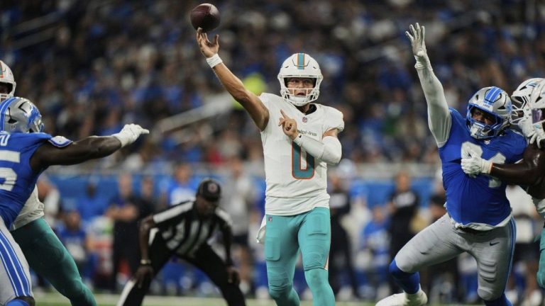 Miami Dolphins quarterback Zach Wilson (0) passes during the first half of an NFL preseason football game against the Detroit Lions Saturday, Aug. 16, 2025, in Detroit. (Ryan Sun/AP)
