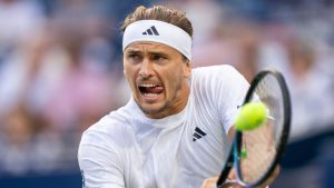 Alexander Zverev of Germany hits a backhand return to Matteo Arnaldi of Italy during their match at the National Bank Open in Toronto on Thursday July 31, 2025. (Frank Gunn/CP)