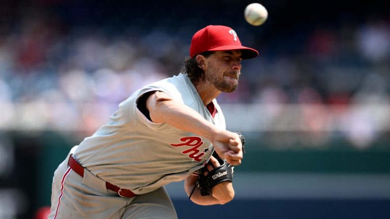 Philadelphia Phillies starting pitcher Aaron Nola throws during the first inning of a baseball game against the Washington Nationals, Sunday, Aug. 17, 2025, in Washington. (Nick Wass/AP)