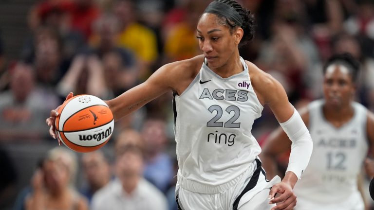 Las Vegas Aces' A'ja Wilson dribbles during the second half of a WNBA basketball game against the Indiana Fever, Thursday, July 24, 2025, in Indianapolis. (Darron Cummings/AP)